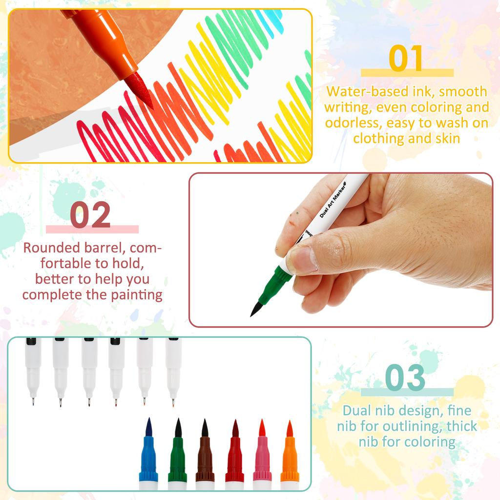 48 Pcs Double Brush Marker Pens with Portable Box 48 Colors Art Markers Set Fine and Brush Double Tip Markers Set Art Supplies