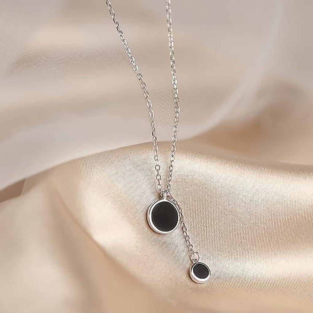 Women's 925 Silver Black Disc Simple Layered Necklace
