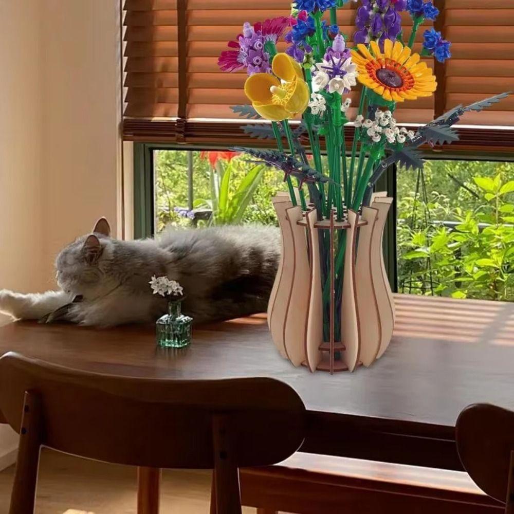 3D Wooden Puzzle Vase Wood Craft Fake Bouquet Holder Creative Flower Display Stand  Coffee Shop