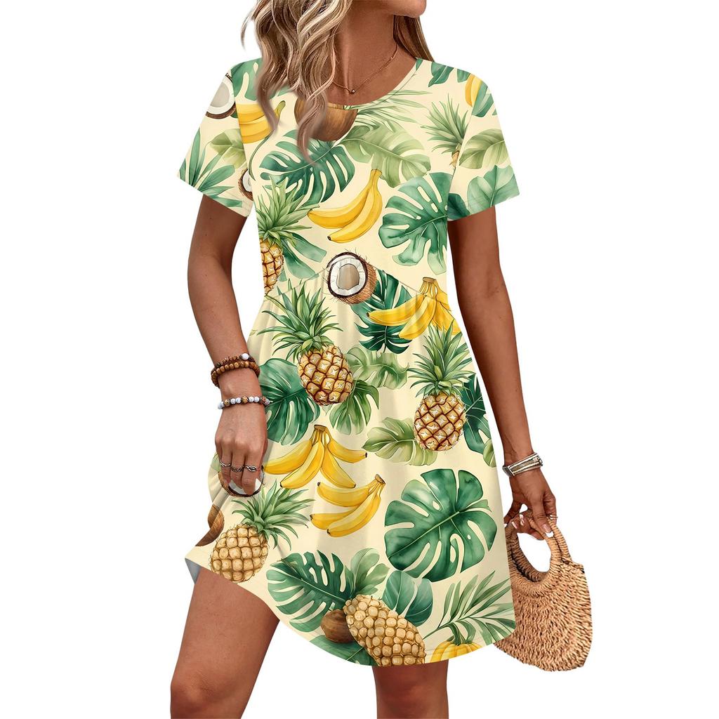 Dresses For Women Short Sleeve Print Round Neck Casual Dresses Waist Dress With Pockets