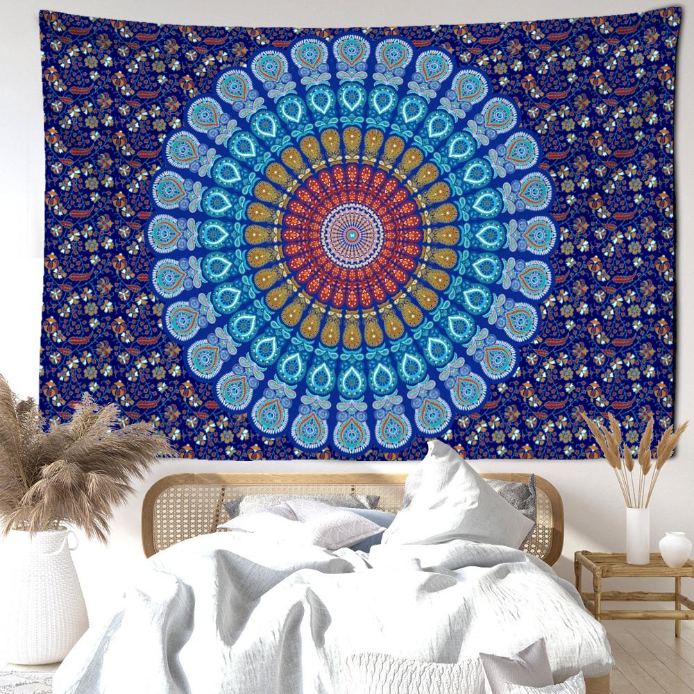 Tapiserie cu mandala albastru și violet, agățat pe perete, Hippie Tapiz, estetică simplă, abstractă, decor acasă