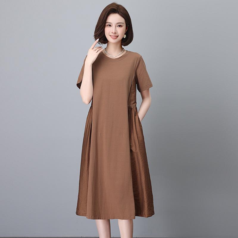 Women's Summer 2025 Pure Cotton Short Sleeve Dress - Loose Fit, Plus Size, Belly-Slimming, Casual for Middle-Aged Moms