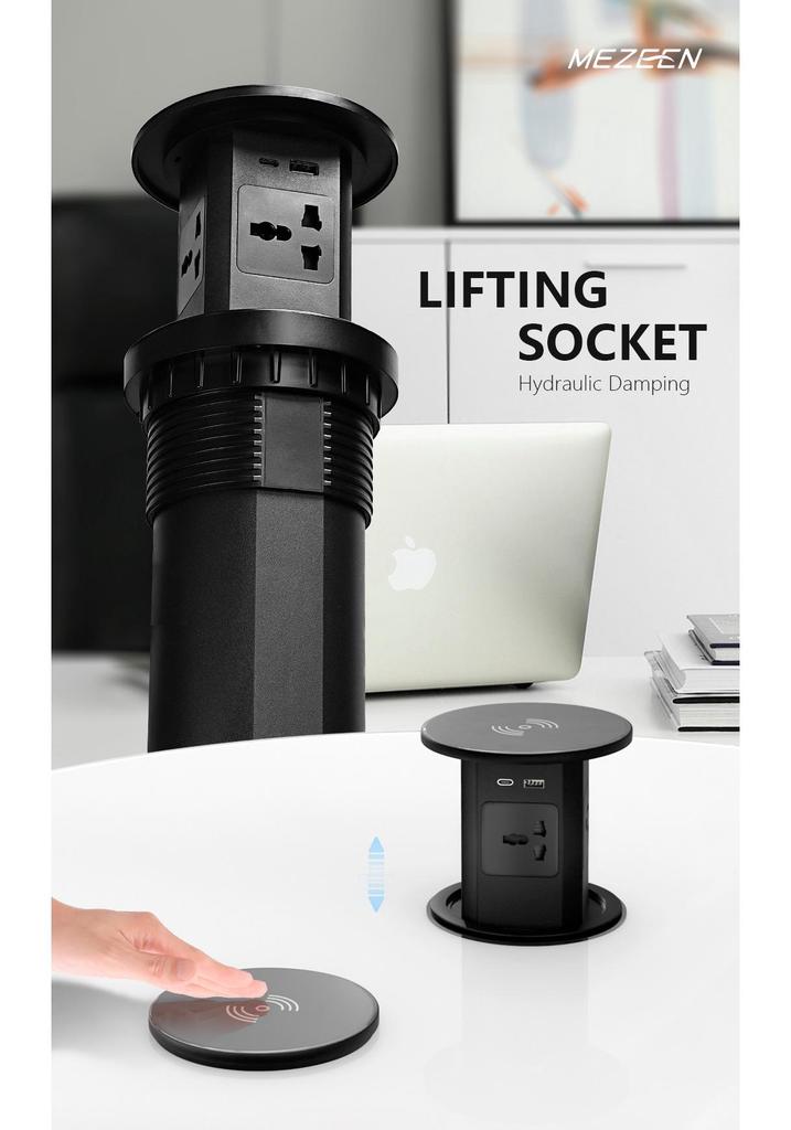 Gray Desktop Hydraulic Lift Socket with Wireless Charger & 18W Fast USB A+C Charging, 250V, 15A.