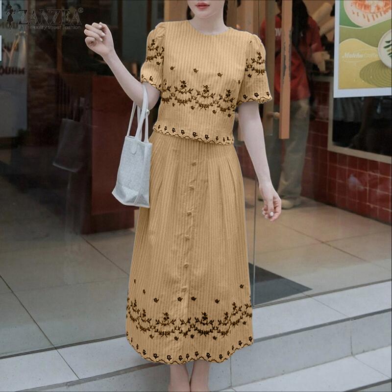 ZANZEA Women Short Sleeve Blouse and Skirts Summer Two Piece Suit Sets