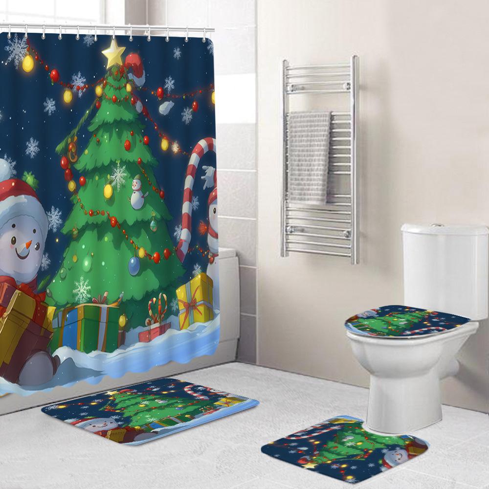 Christmas Toilet Cover Shower Curtain Floor Mat Set Santa Carpet Door Mat Foot Mat Non-Slip Mat