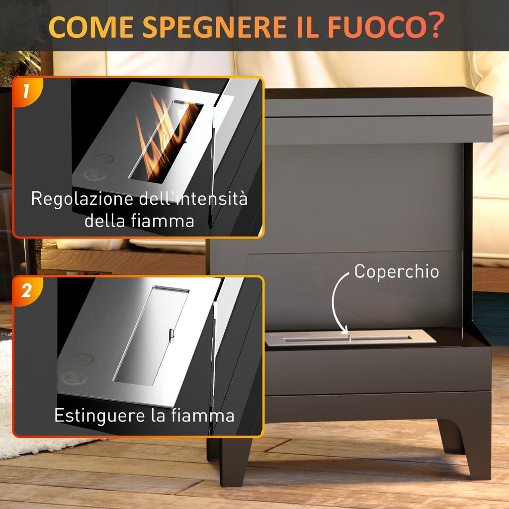 Freestanding Bioethanol Fireplace with 0.9L Burner and 3.3 Hour Burn Time, 38x22x54 cm, Black