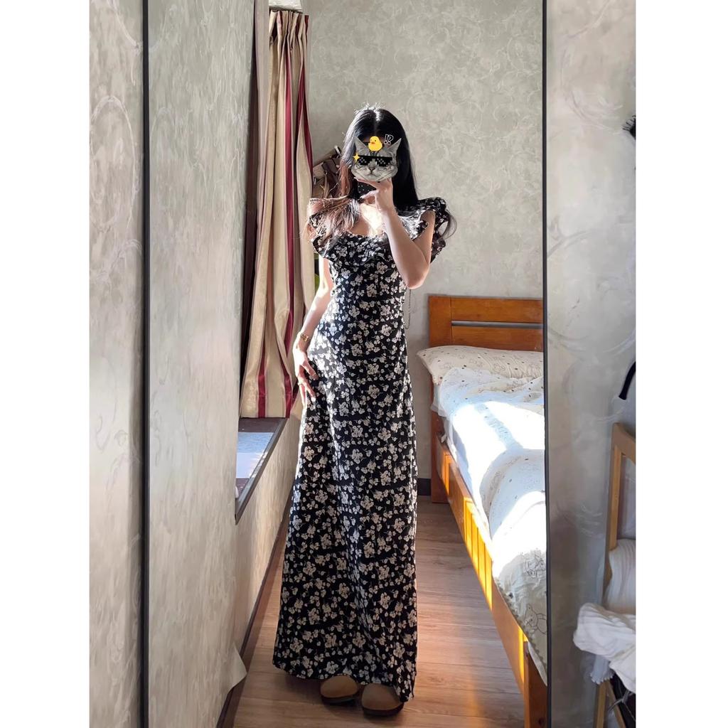 75 Tall Extended Black Floral Waist Dress Women's Ankle Rose Island Lotus Leaf Edge Skinny Long Dress