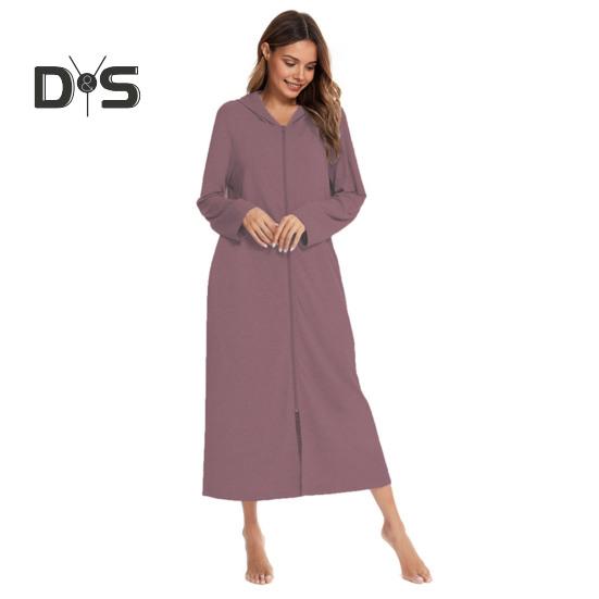 Nachthemd mit Reißverschluss für Damen, lange Ärmel, lockere, reine Farbe, mit Taschen, wadenlange Loungewear mit Kapuze, für den Alltag, für zu Hause, im Schlafzimmer