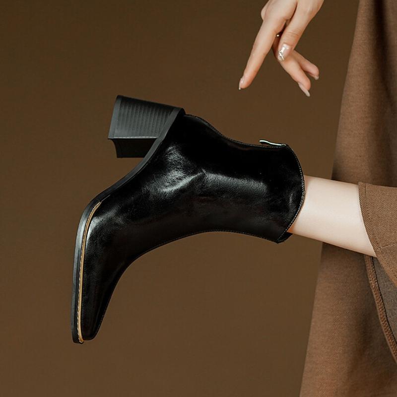 Fashion NEW Autumn Women Boots Split Leather Shoes for Women Square Toe Chunky Heel Shoes Zipper Short Modern Boots Concise Daily Shoes