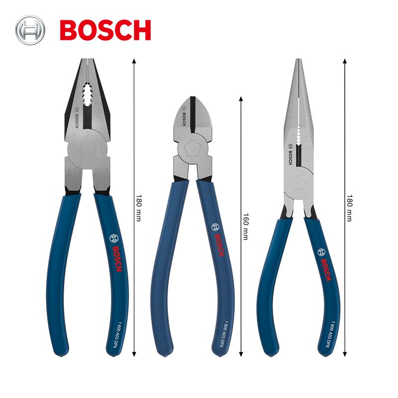 Bosch 3Pcs Pliers Set Chrome Vanadium Steel Hardened Teeth, Phosphated Black Finish, Ergonomic Dip-Molded Handles Long Nose & Diagonal Cutting Pliers