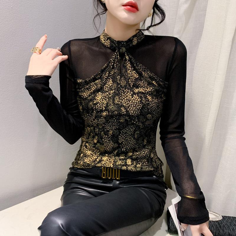 

Футболка с сетчатым воротником и полуворотником для женщин, зима, новый стиль, нижнее белье, облегающий топ, тонкая базовая рубашка 4XL чёрный