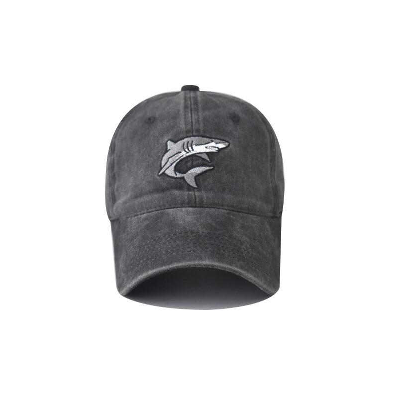 Neutral Wash Cotton Vintage Shark Embroidered Baseball Cap With Strap Adjustable