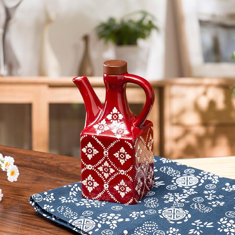 250ML Vintage Square Ceramic Oil Bottle, Japanese Style Floral Soy Sauce Dispenser Cruet with Handle & Wood Lid