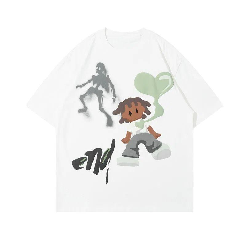 

Cartoon Printed T-shirt Short-sleeved Men s Summer Loose Crew Neck Bottoming Shirt Five-quarter Sleeve T-shirt XL белый