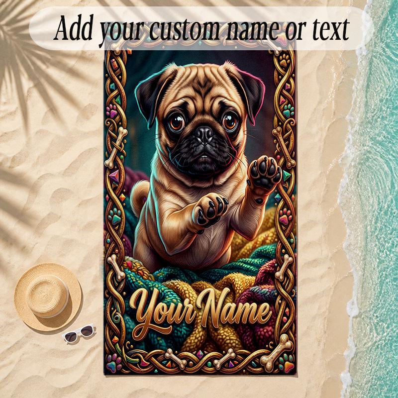 Pug Theme Soft Beach Towel Personalized Custom Name Text Towel Portable for Beach Pool Travel