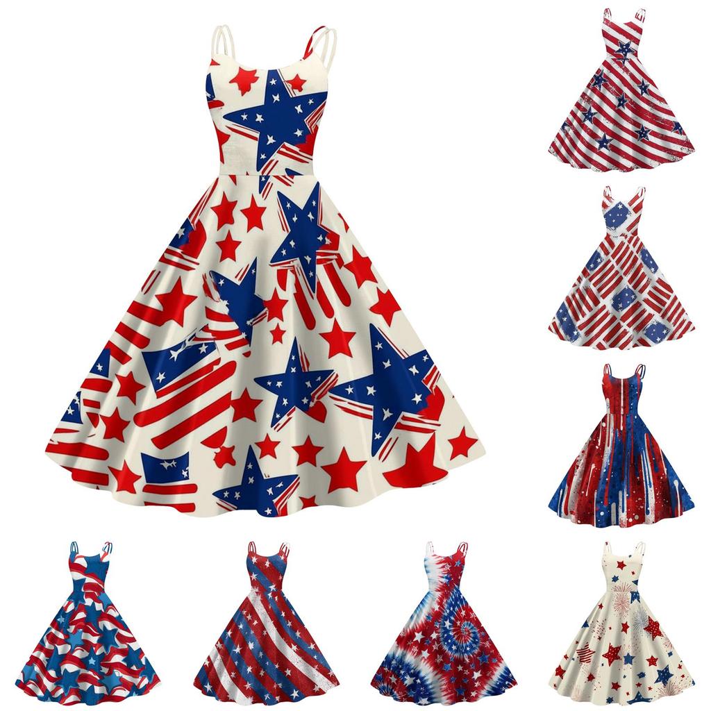 Women Sleeveless Vintage Swing Dress with Star and Firework Print Classic Midi Length Summer Sundress