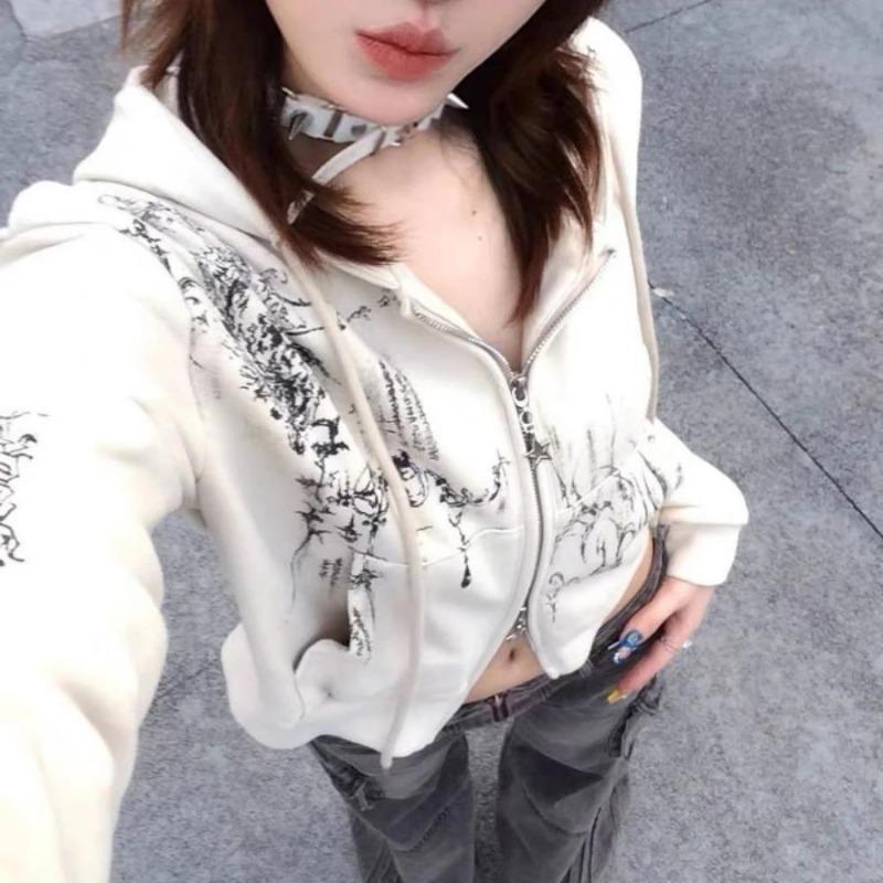 2KWEIRD Podzimní Y2k Estetické Zkrácené Mikiny Dámské Ležérní Potisk Dvojité Zipy Harajuku Punk Mikina Gotické Vílí Grunge Bundy