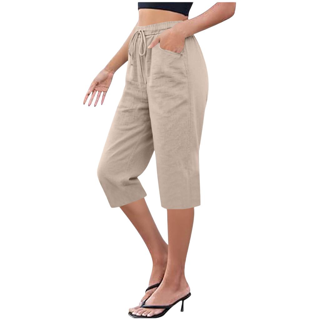Women's Cotton And Linen Pocket Elastic Casual Pants Five Quarter Pants