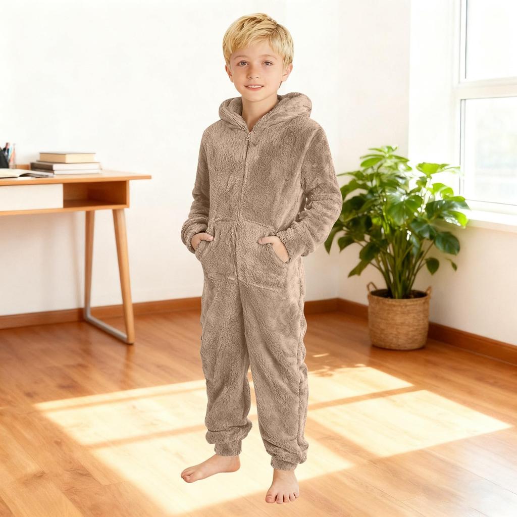 Kinder Mode Einfarbiges Fleece Kapuzen-Onesie Haus Schlafanzug Body