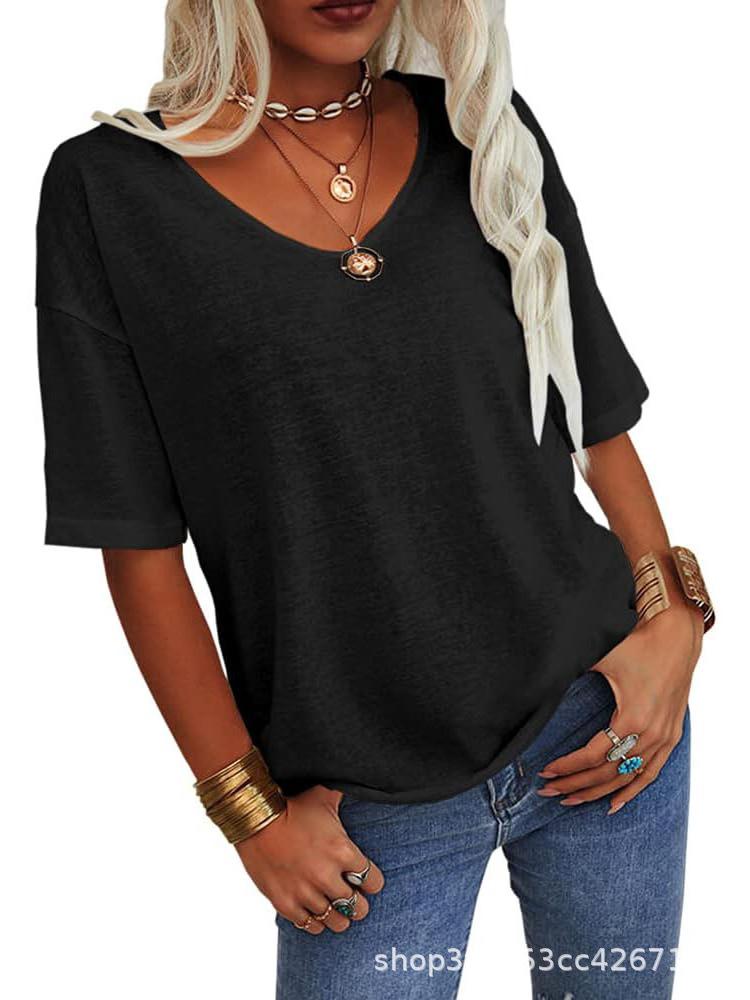 Women's V-Neck Short Sleeve Loose T-Shirt - Casual Basic Top
