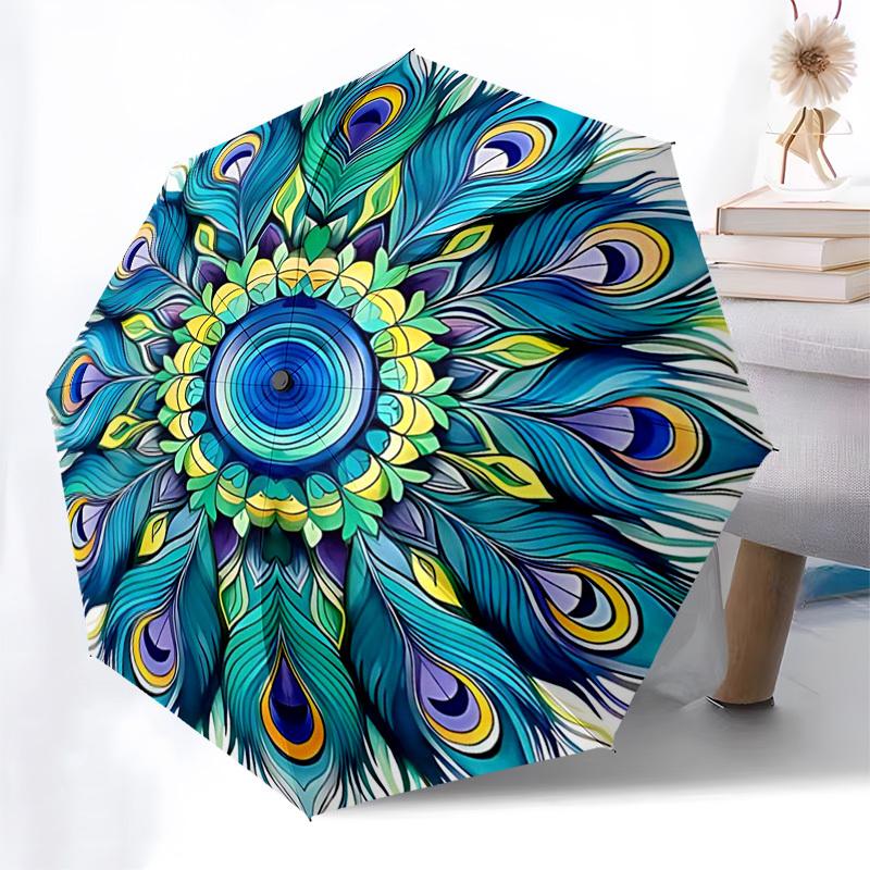 

1pc Peacock Feather Mandala Automatic Folding Umbrella - Portable 3-Fold Design, 8-Bone Iron Frame Outdoor Umbrella, Ideal Gift for Fans, Travelers, D