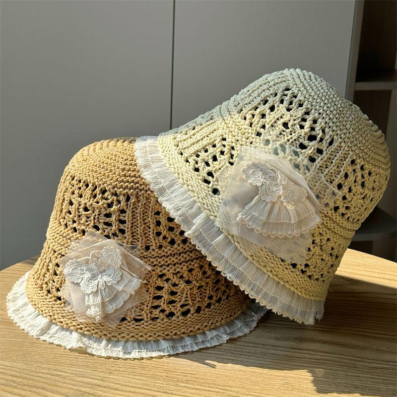 Chapeau Bob en Dentelle Française pour Femmes Printemps Été Nouveau Creux Pare-Soleil Crème Solaire Bord de Mer Chapeau de Pêcheur