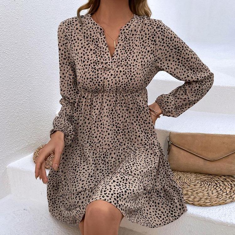 Leopard Print Women's Spring Dress V Neck Lantern Sleeve High Waist Pleated