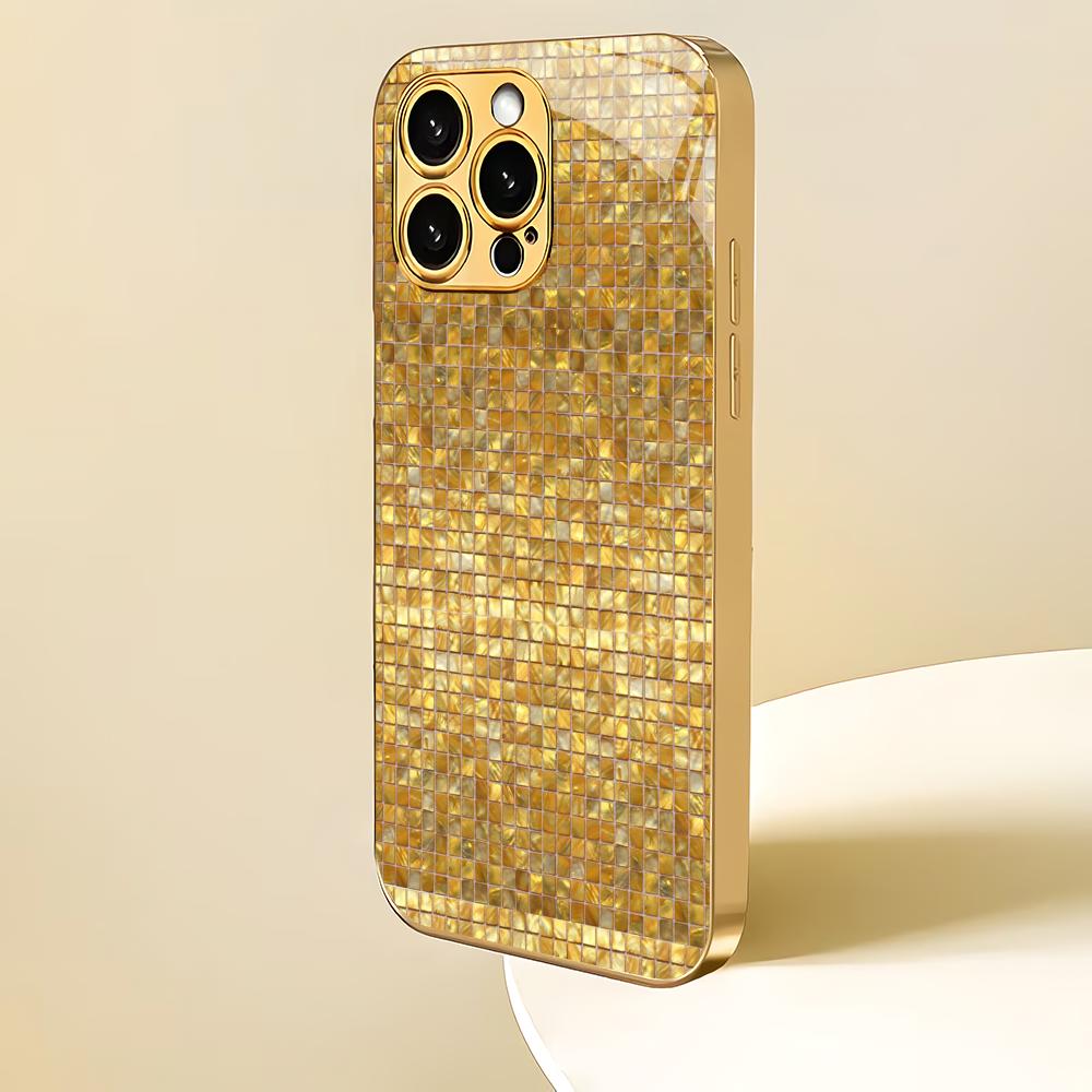 Golden Mosaic Electroplated Glass Phone Case Suitable for iPhone 17 16 15 14 13 12 11 Pro/Max/Plus Shockproof Back Cover