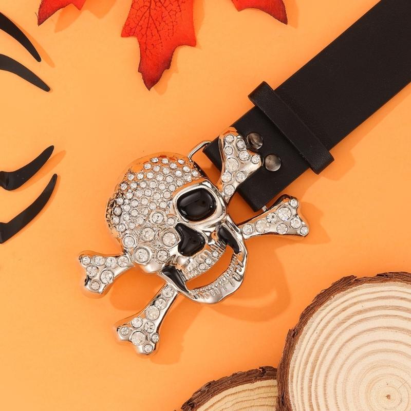 Popular Rhinestones Skull Buckle Belt for Adult Rivet Studded Belt All Matching Western Belt for Daily and Club Wear
