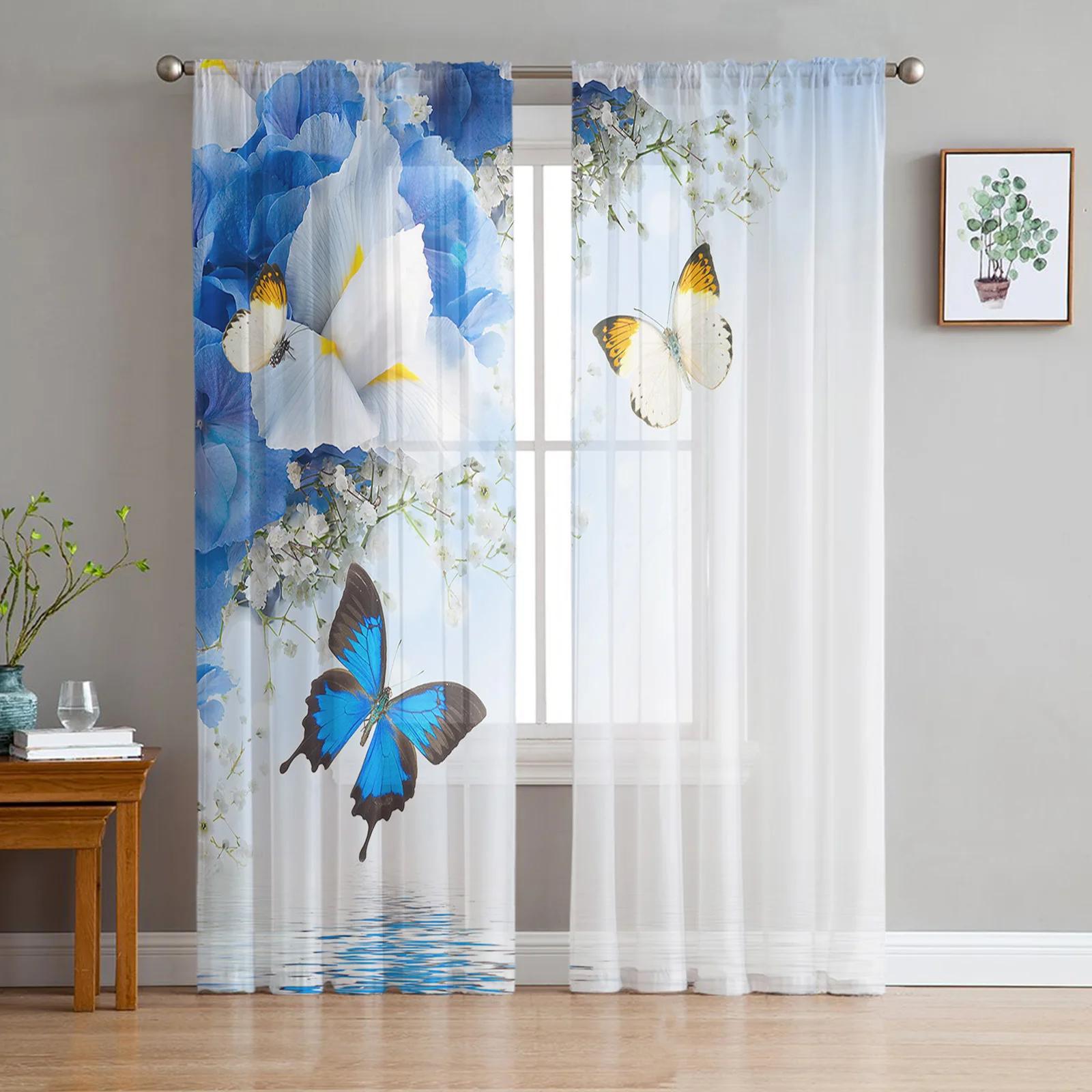 

Floral Butterfly Blue Transparent Curtains Living Room Window Panel Fine Netting Drapes For Bed Chamber Cooking Area Household Ornamentation Voile W135 x H115cm x1&Grommet Top