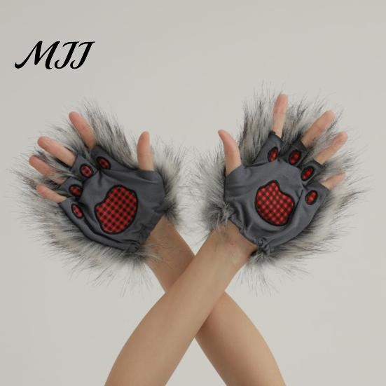 Wolf Paw Plush Gloves Fingerless Warm Fuzzy Animal Cosplay Hand Paws Faux Fur for Halloween Christmas Dress-Up Party Costume Skin-friendly Lining