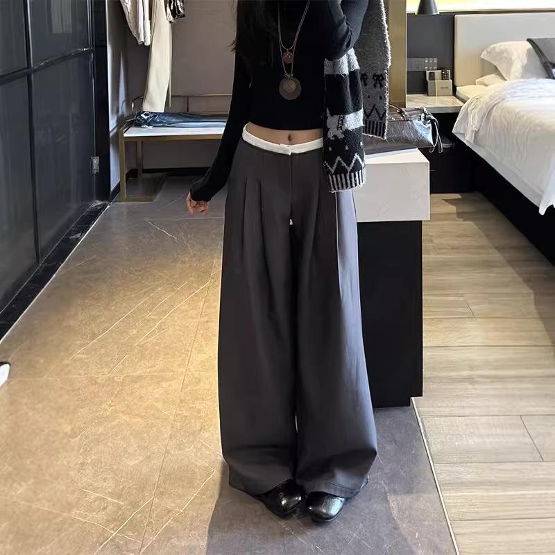 2026 Summer Women s High-Waist Color-Block Pleated Wide-Leg Casual Pants M серый