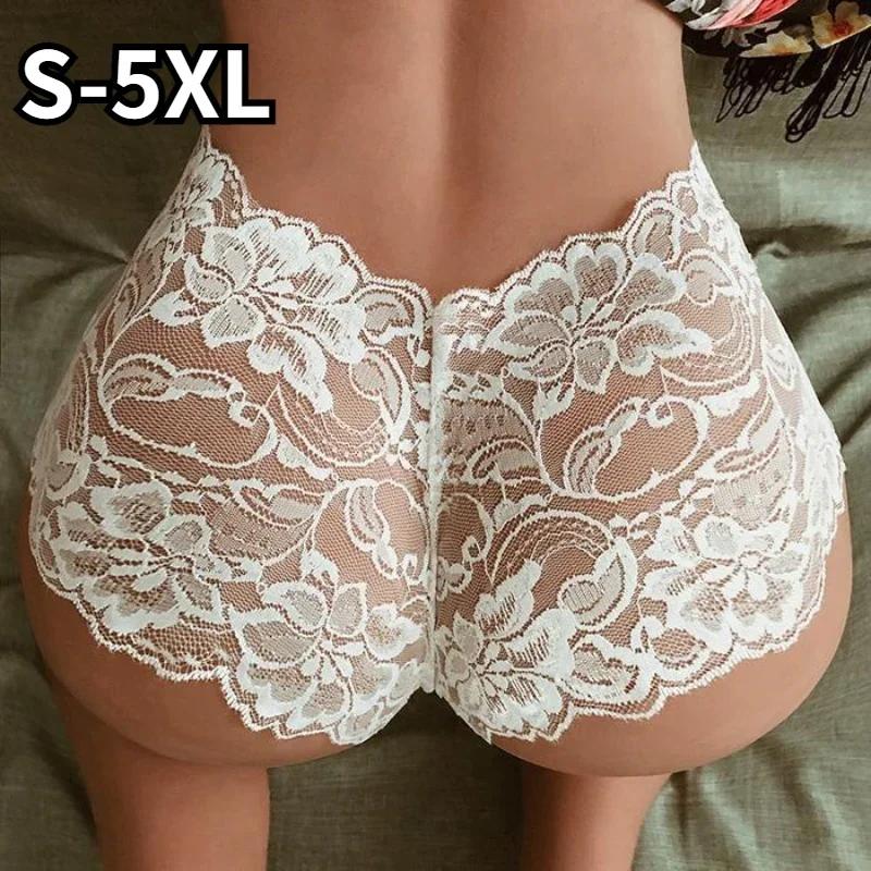 Plus Size Women Low Waist Hollowed Out Briefs Sexy Underwear Panties Transparent Lace Breathable Lady Lingerie Underpants S-5XL