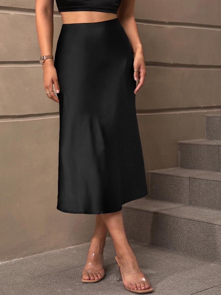 European & American Style Satin Midi Skirt - Spring/Summer 2025 - Elegant A-Line Polyester Skirt