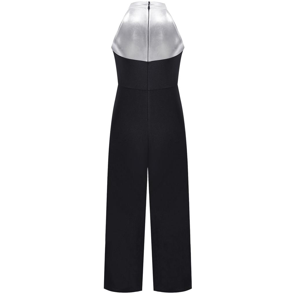 Children‘s Sparkly Rhinestone Color Block Sleeveless Jazz Dance Bodysuit Metallic Patchwork Jumpsuit for Performance Competition
