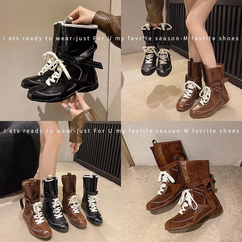 Fashion Luxury Vintage Booster Boots Women's Fall Autumn Winter Boxing Frosted Leather Lace-up Ankle Boots Zapatos De Mujer Hot Selling