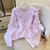 2026 Spring/Autumn V-neck Faux Mink Velvet Sweater - Women's French Design with Beaded Floral Accents
