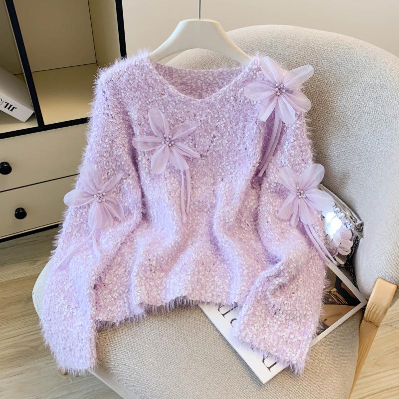 2026 Spring/Autumn V-neck Faux Mink Velvet Sweater - Women's French Design with Beaded Floral Accents