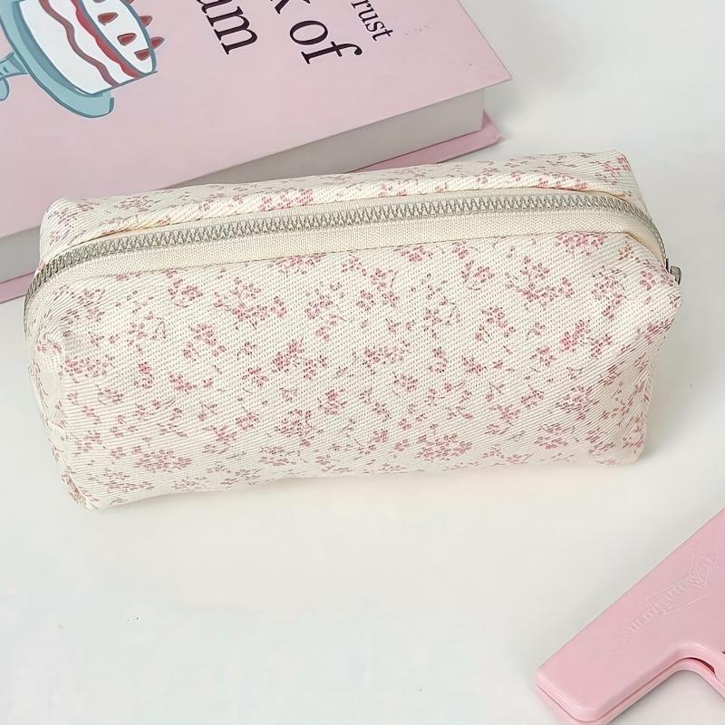 

1pc Fresh Violet Floral Print Pencil Case,Ins Style Chic Student Desktop Organizer,Natural Linen-Look Makeup Bag, Back To School рожевий
