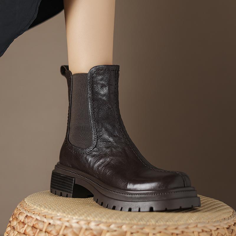 Bottes d'automne 2024 pour femmes, chaussures en cuir véritable pour femmes, bottines à bout rond, chaussures à talons épais, bottes western, chaussures à plateforme