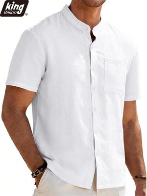 Camicia da Uomo a Maniche Corte con Collo alla Mandarina Casual Bottoni Top Estivo con Taschino sul Petto Tessuto Leggero Traspirante Effetto Lino per Vacanze al Mare