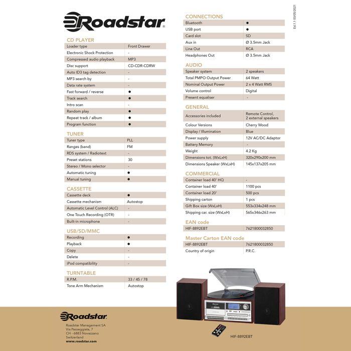 Platine Vinyle - ROADSTAR - HIF-8892EBT - Bois - Bluetooth - Lecteur CD-MP3