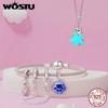 WOSTU 925 Sterling Silver Pink Opal Moon Cat Charm Glow In Dark Pet Paw Pendant Cat's eye safety Chain Fit Original Bracelet DIY