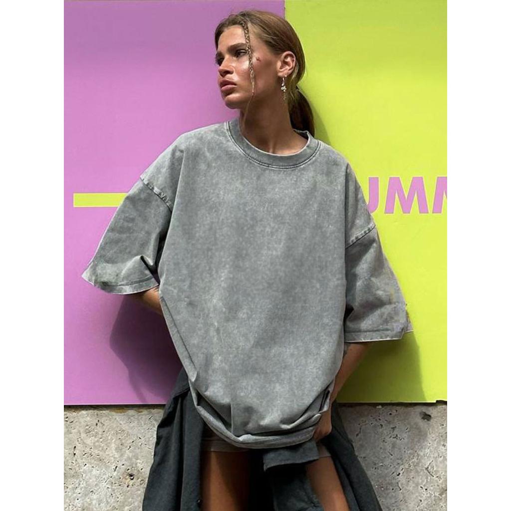 Cotton Retro T-shirt Men Women Vintage Short-sleeve Wax Printing T Shirts Solid Color Hip Hop Loose Tees Plus Size