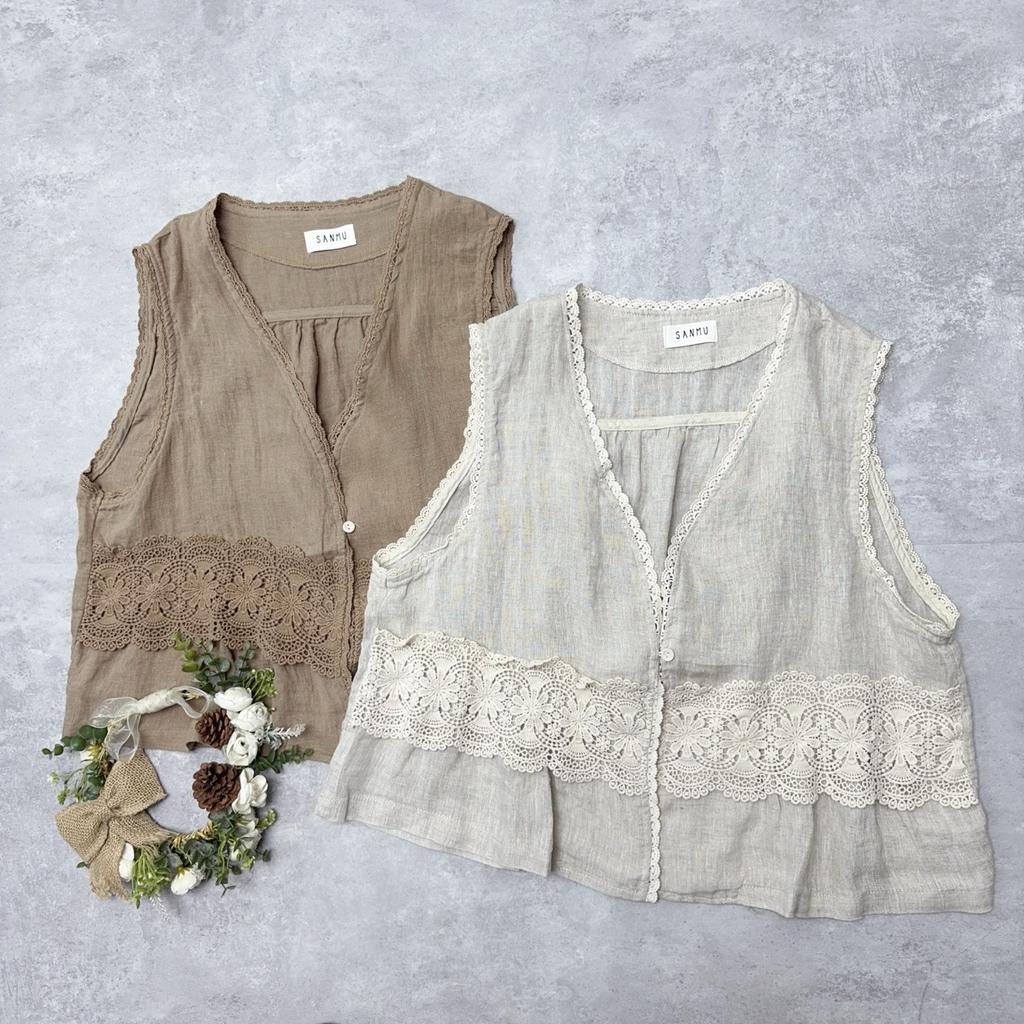 Johnature Japanese Heavy Industry Lace Clip Summer V-neck Loose Versatile Casual Tops