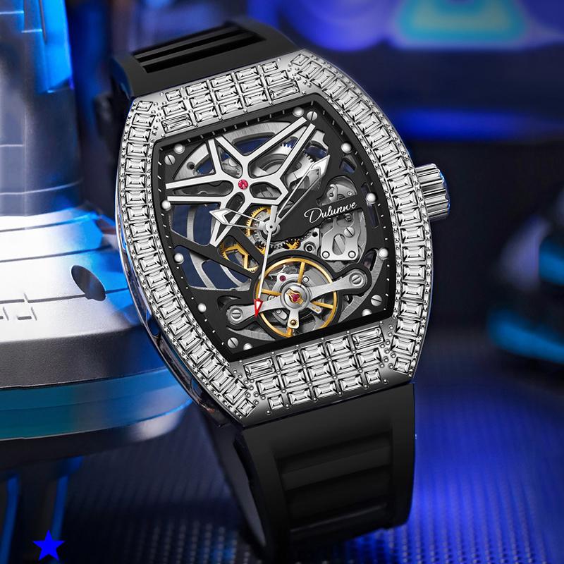 Luxury Automatic Men Watches Trend Diamond Tonneau Case Mechanical Clock Luminous Waterproof Silicone Strap Mens Reloj Hombre
