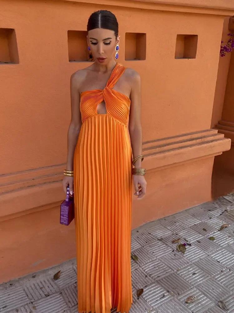 

Summer Sexy Backless Pleated Long Dress Women Elegant Sleeveless Hollow Out Dresses Female Fashion Chic One Shoulder Evening Party Clothes L помаранчевий
