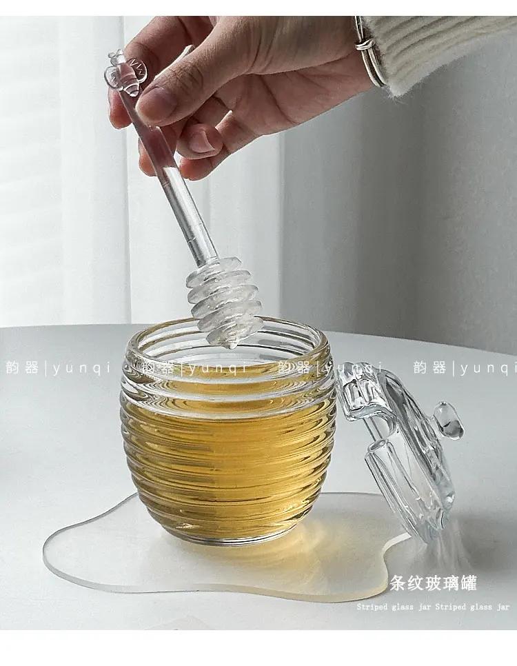 Honey Glass Jar Syrup Jam Storage Jar Storages Jar with Lid Mixing Rod Honey Jars Kitchen Storages Tools Food Storage Containers