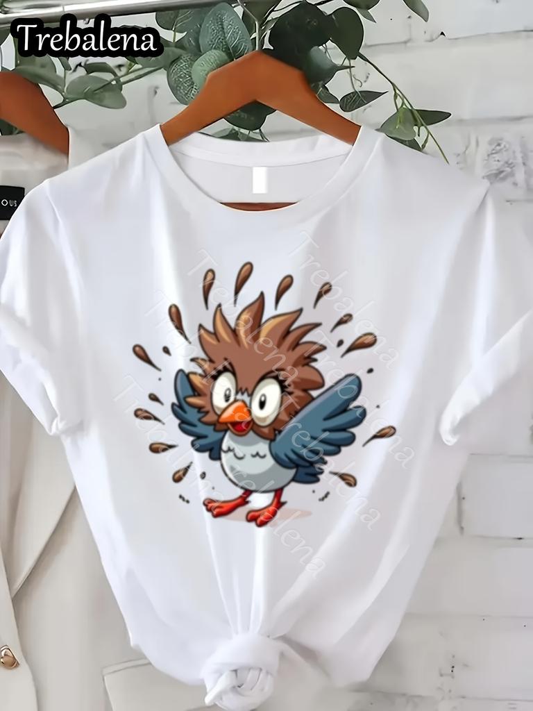 Women's Funny Bird Graphic T-Shirt Cute Fluffy Bird with Expressive Eyes Soft Everyday Casual Tee Lightweight Warm Weather Shirt