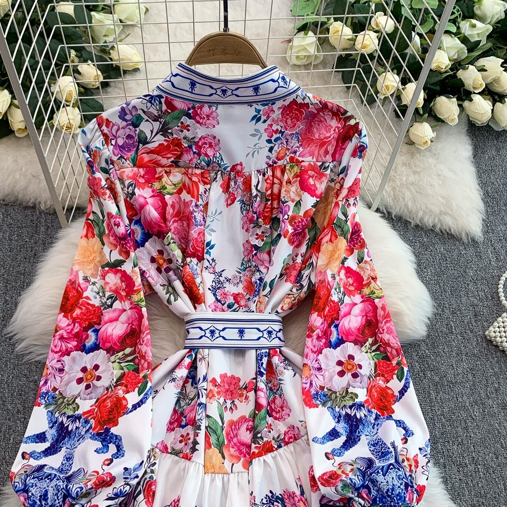 Frühling Herbst Damen Vintage Print Designer Laufstegkleid Übergroß Locker Einreihig Lang Maxi Partykleid für Abschlussfeier